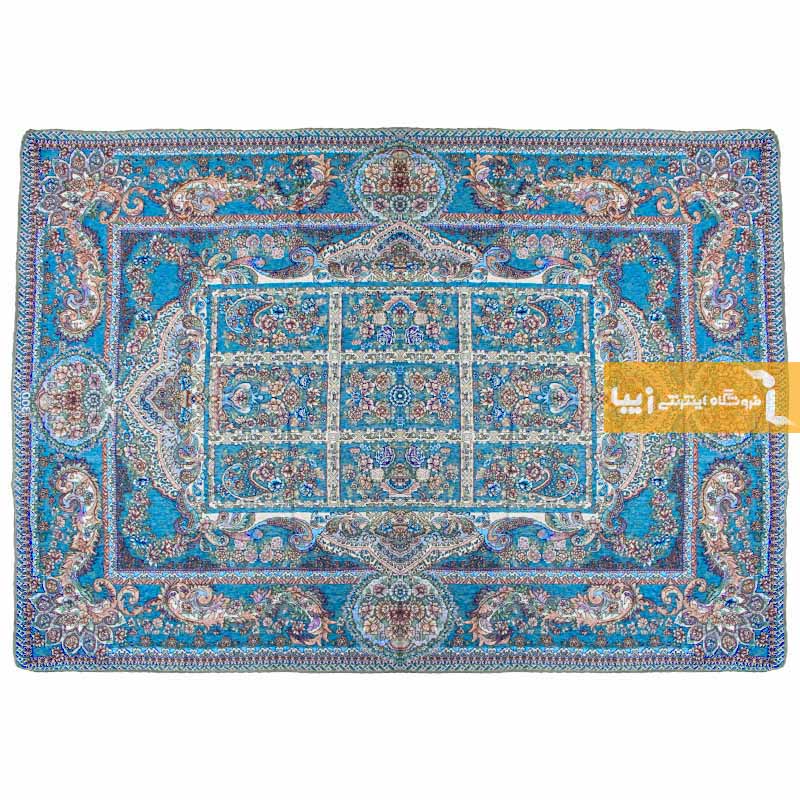 روفرشی مخمل طرح خشتی زمینه فیروزه ای