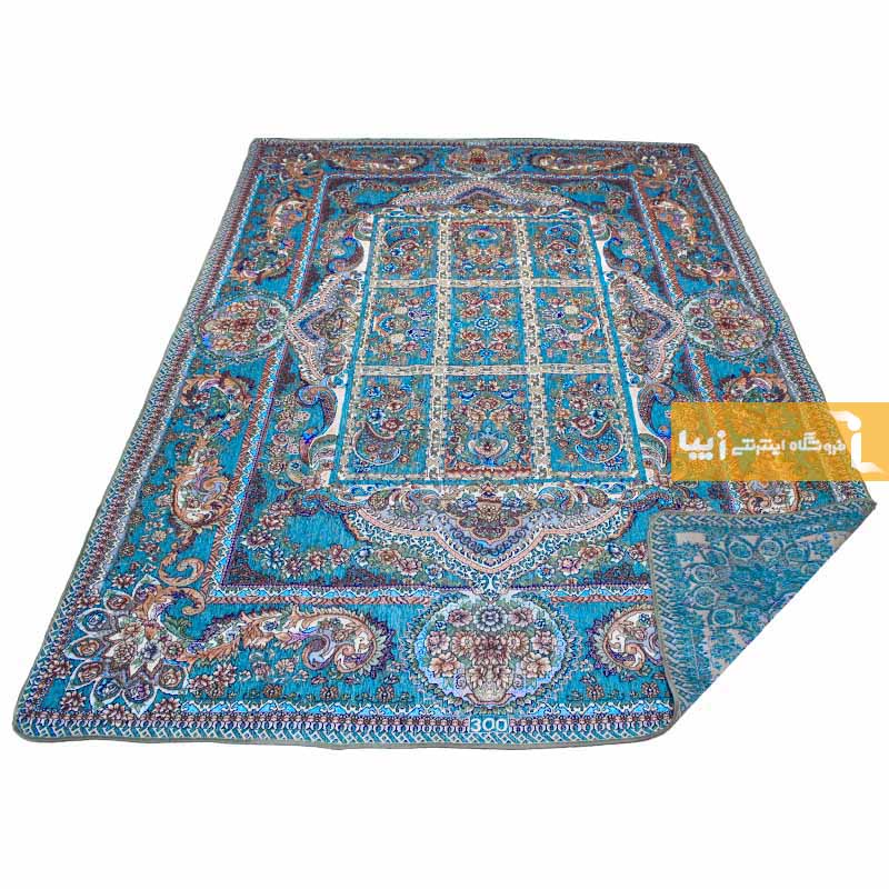 روفرشی مخمل طرح خشتی زمینه فیروزه ای