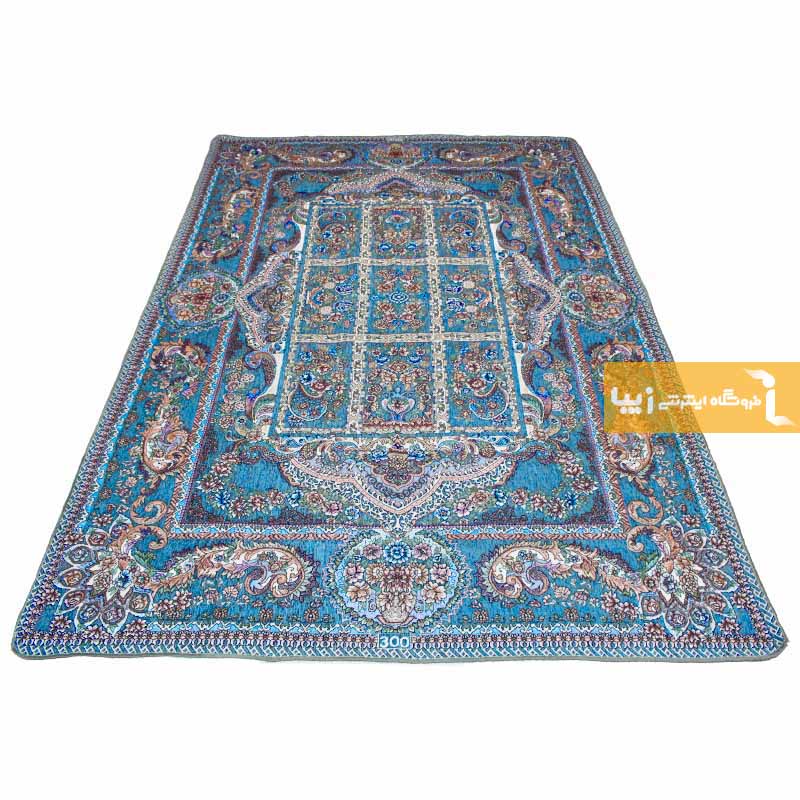 روفرشی مخمل طرح خشتی زمینه فیروزه ای