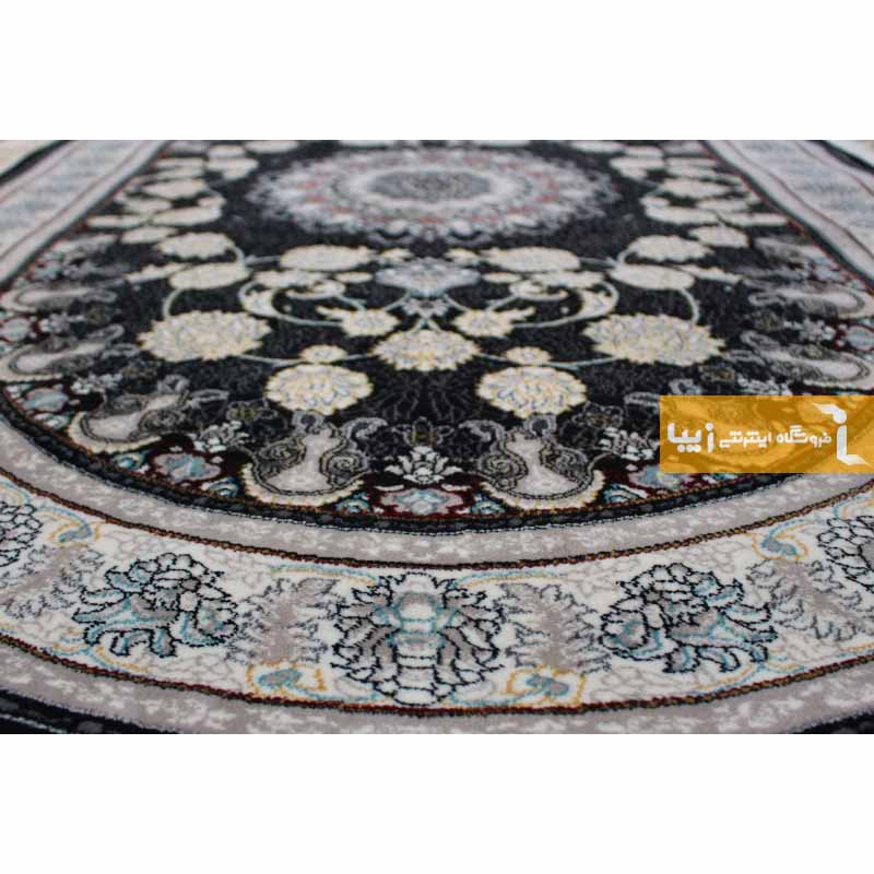 فرش بیضی طرح اصفهان زمینه سرمه ای