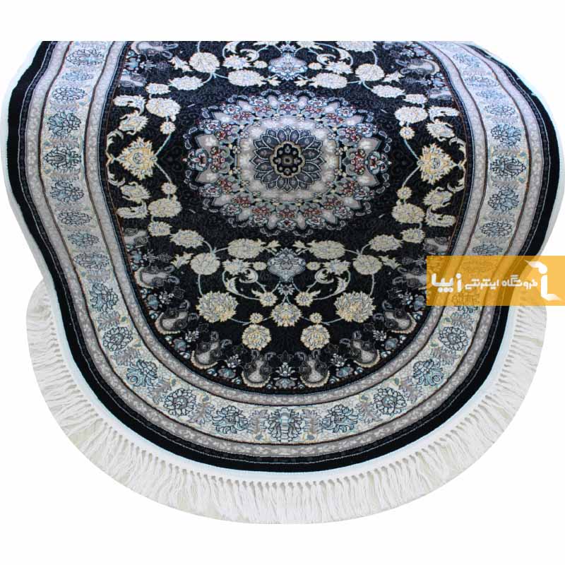 فرش بیضی طرح اصفهان زمینه سرمه ای