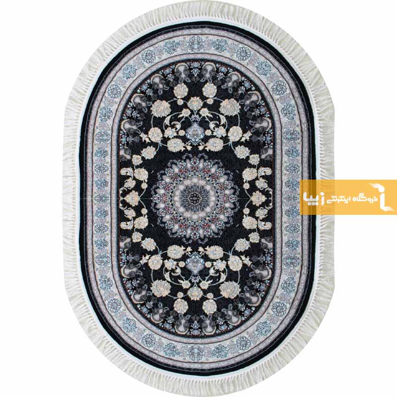 فرش بیضی طرح اصفهان زمینه سرمه ای