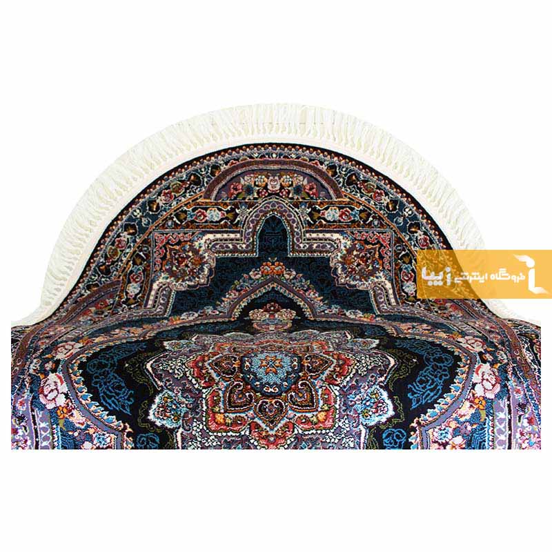 فرش بیضی طرح باغ معلق زمینه سرمه ای