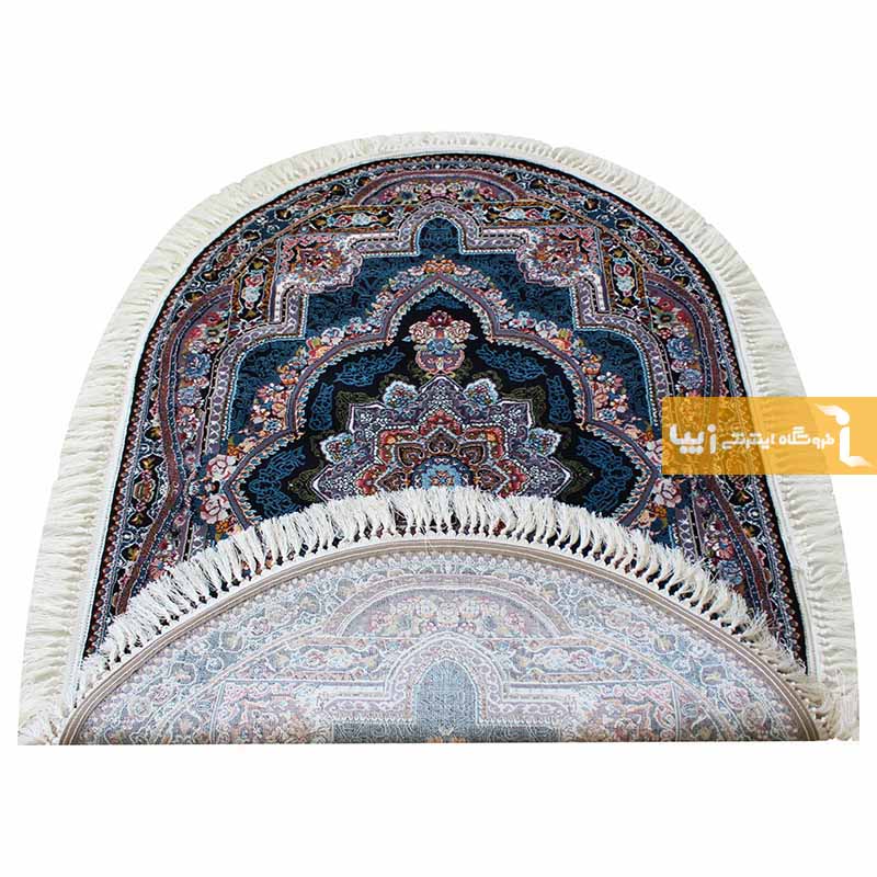 فرش بیضی طرح باغ معلق زمینه سرمه ای