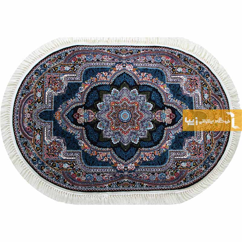 فرش بیضی طرح باغ معلق زمینه سرمه ای