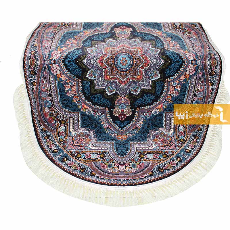 فرش بیضی طرح باغ معلق زمینه سرمه ای