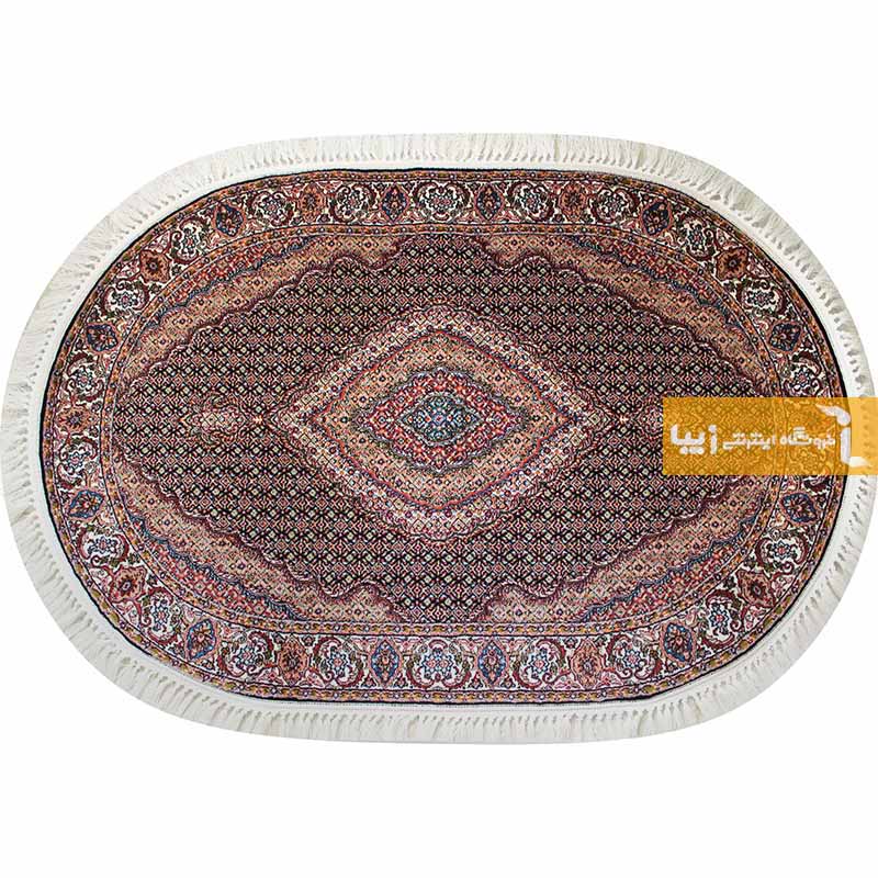 فرش بیضی طرح ریزماهی زمینه سرمه ای