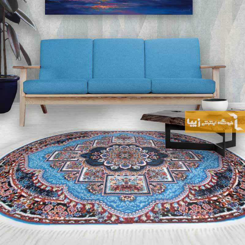 فرش بیضی طرح ناردون زمینه آبی