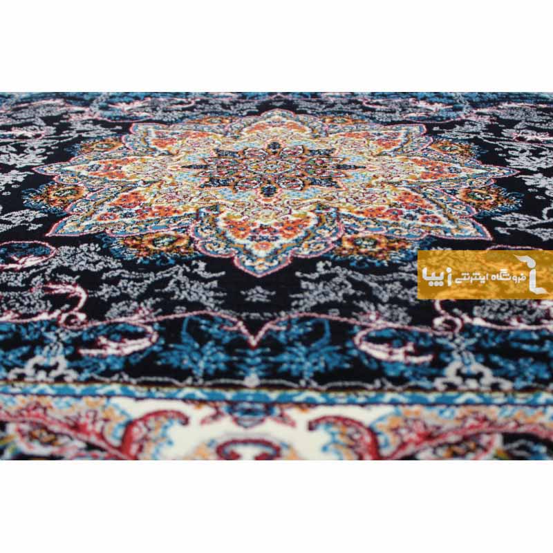فرش بیضی طرح هیوا زمینه سرمه ای