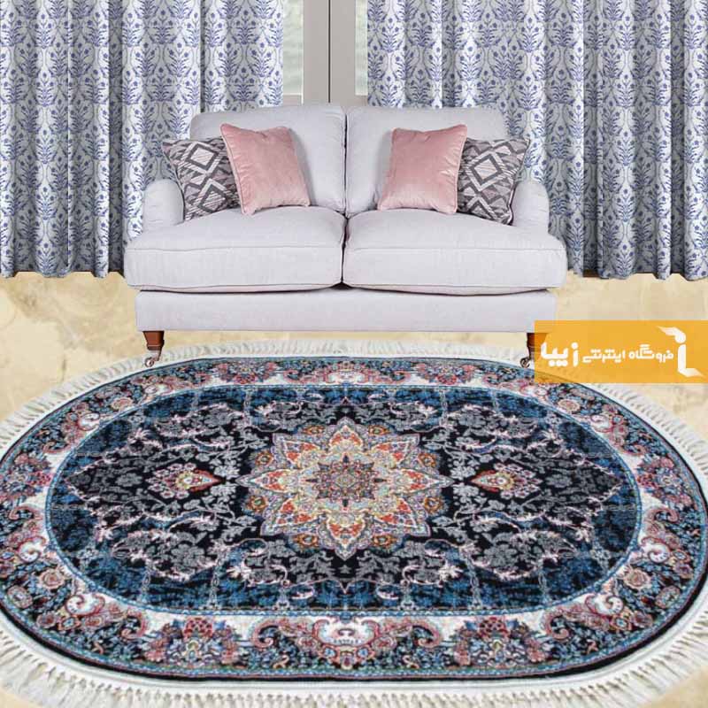 فرش بیضی طرح هیوا زمینه سرمه ای