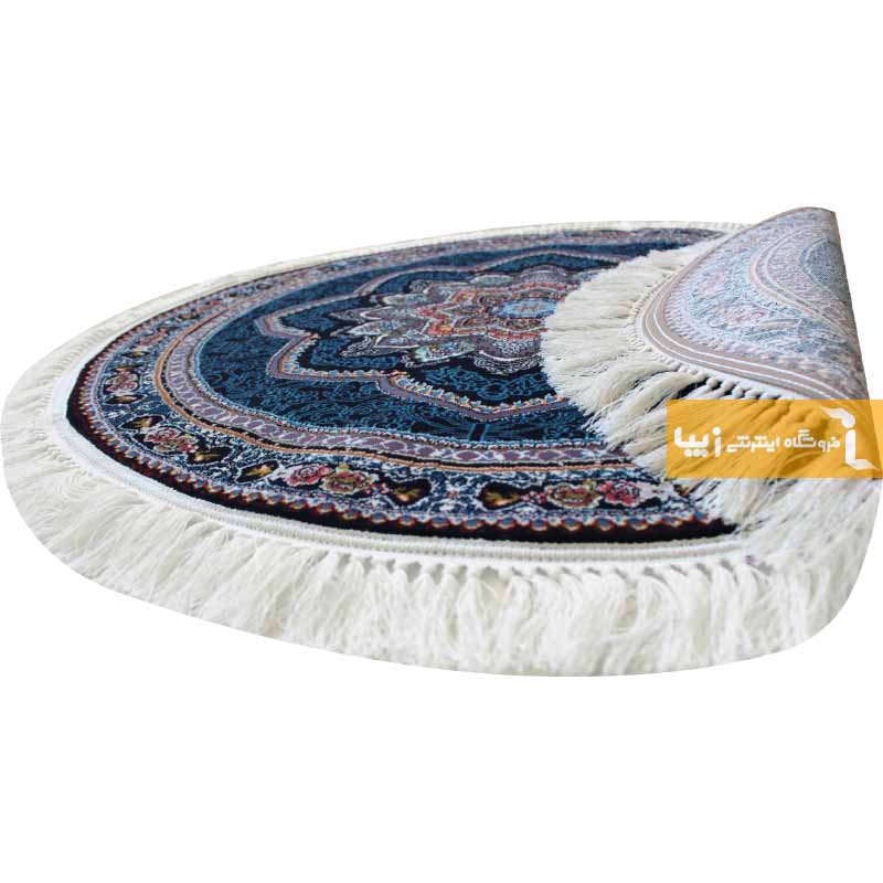 فرش گرد طرح باغ معلق زمینه سرمه ای