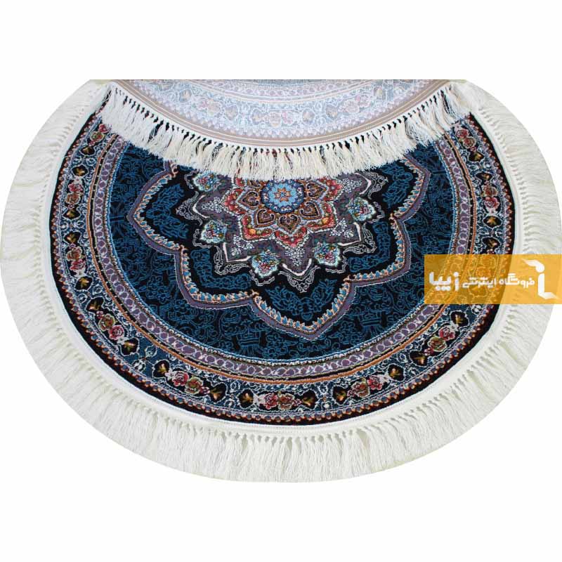 فرش گرد طرح باغ معلق زمینه سرمه ای