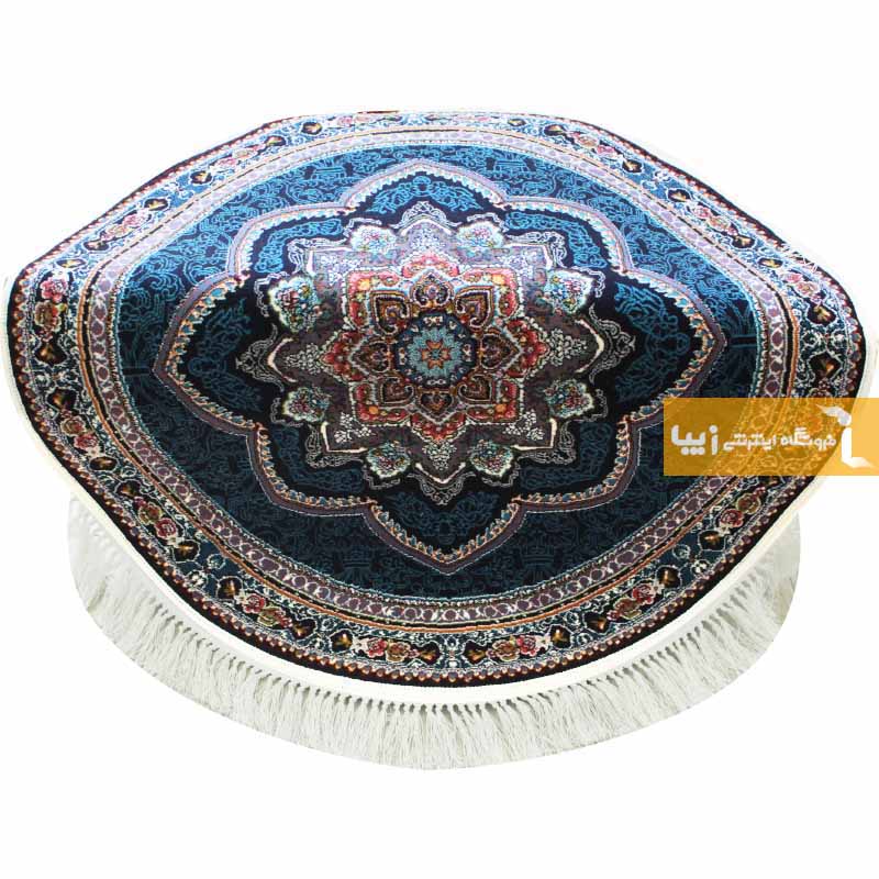 فرش گرد طرح باغ معلق زمینه سرمه ای