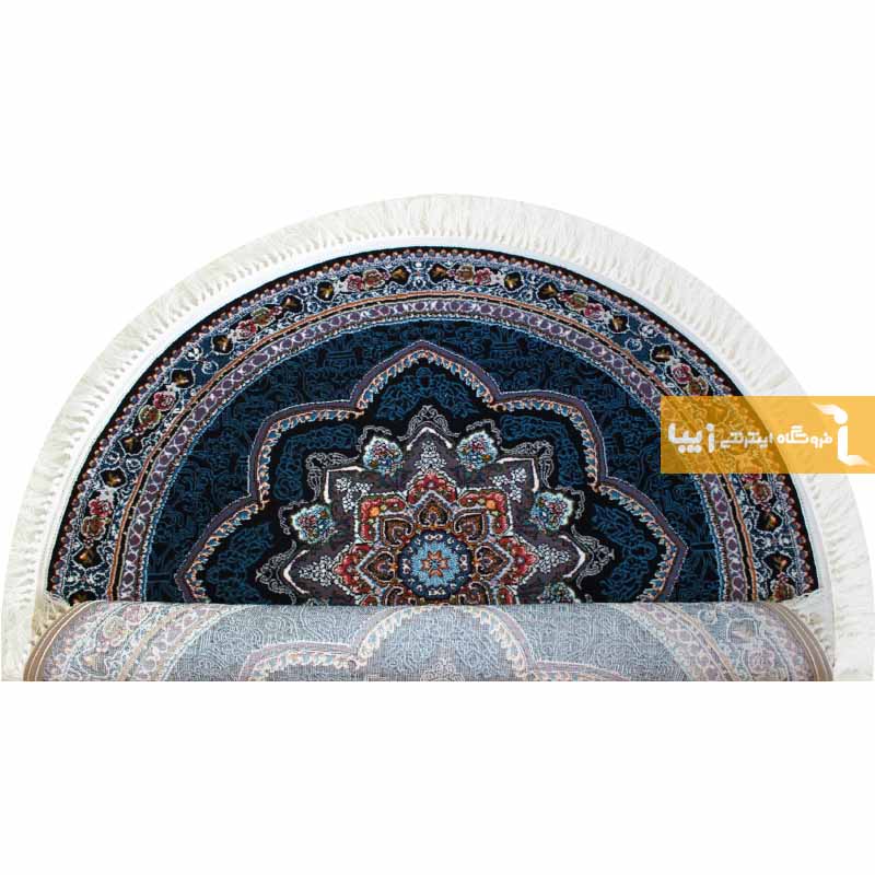 فرش گرد طرح باغ معلق زمینه سرمه ای