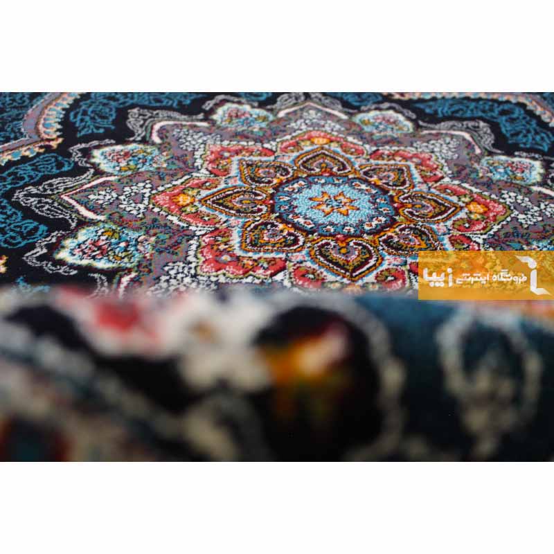 فرش گرد طرح باغ معلق زمینه سرمه ای