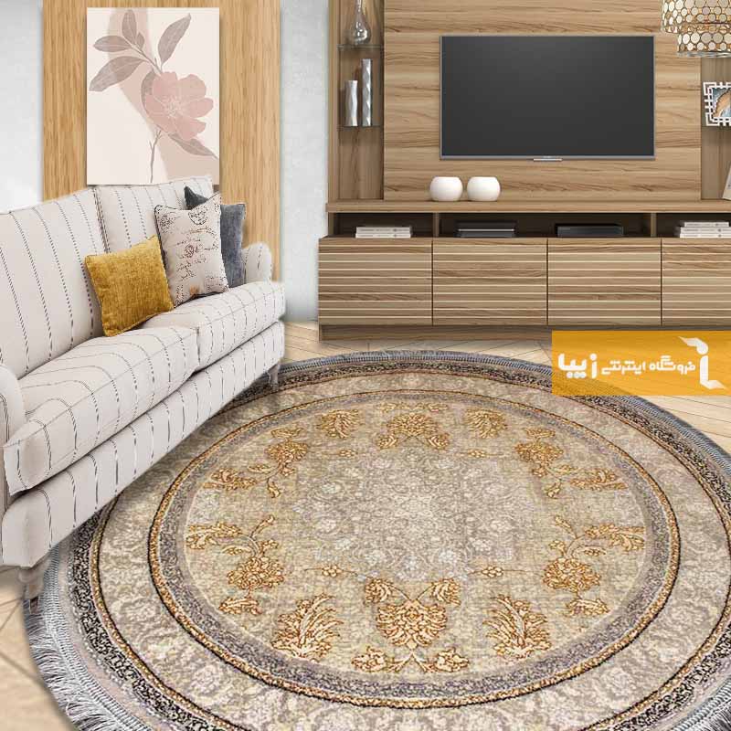 فرش گرد طرح شاهکار زمینه کرم