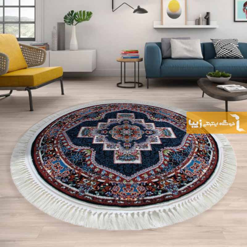 فرش گرد طرح ناردون زمینه سرمه ای