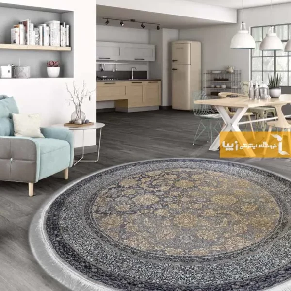 فرش گرد ذغالی طرح شاهگل1