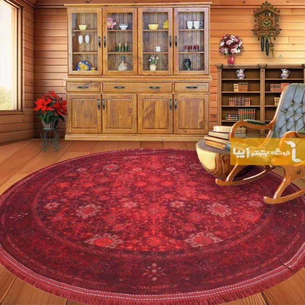 فرش گرد زرشکی طرح یاقوت1