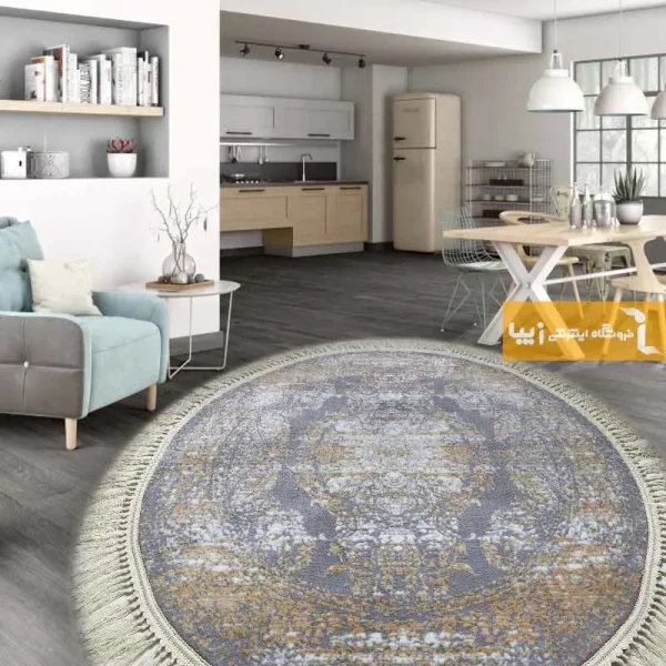 فرش گرد طوسی طرح رویال1