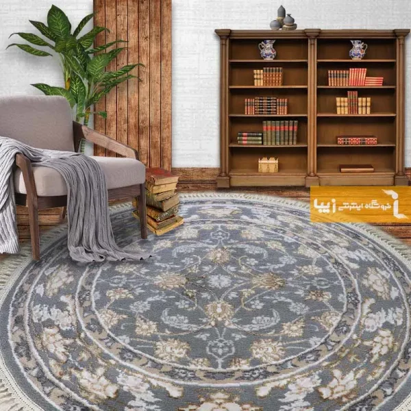 فرش گرد طوسی طرح زنبق1