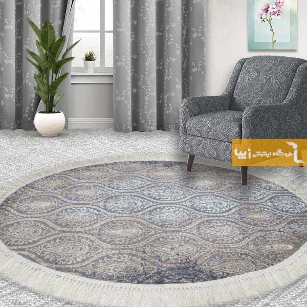 فرش بیضی طوسی طرح درباری1