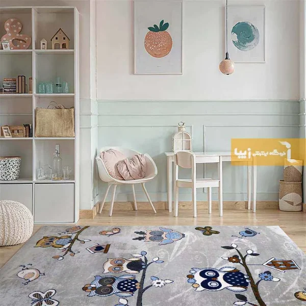 فرش کودک طوسی طرح خانواده جغدها1