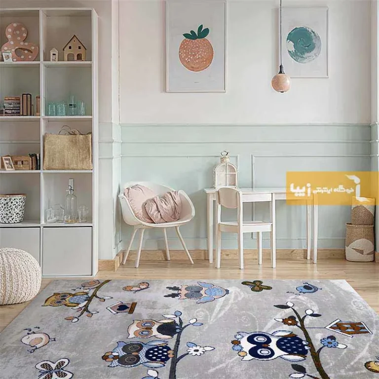 فرش کودک طوسی طرح خانواده جغدها1