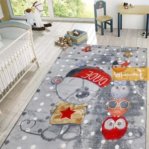 فرش کودک طوسی طرح خرسی و جغدها1