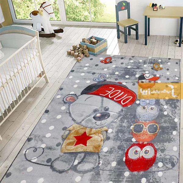 فرش کودک طوسی طرح خرسی و جغدها1