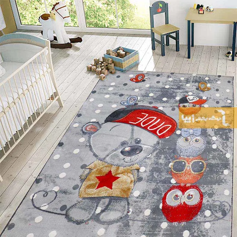 فرش کودک طوسی طرح خرسی و جغدها1